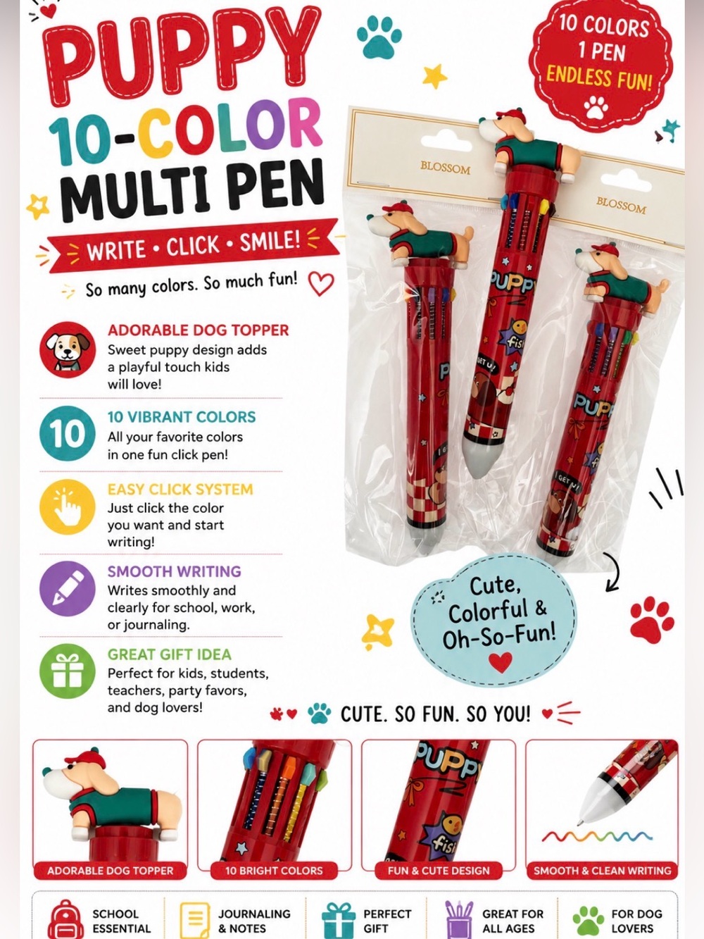 THREE CUTE 3D DOG 10 COLOR FUN CLICK INK PENS